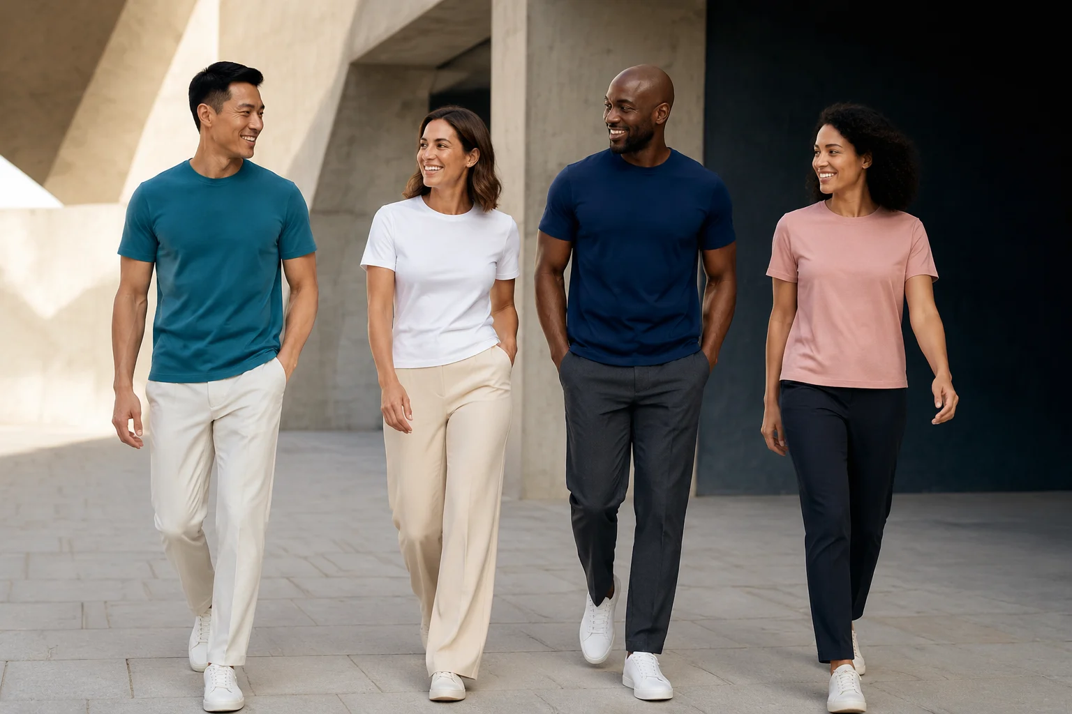 Four people wearing ocean teal, cloud white, blush pink and indigo tees in a modern arcade