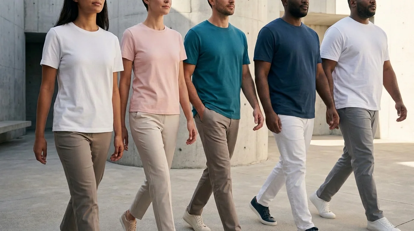 A diverse group walking naturally in different colors of the same tee