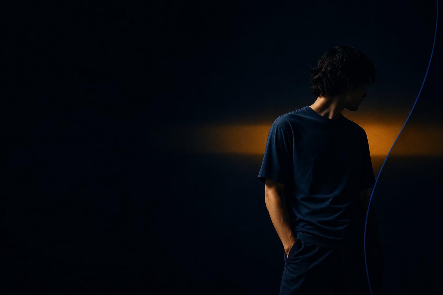 A silhouetted figure in a deep navy tee framed by an amber arc and cobalt edge light