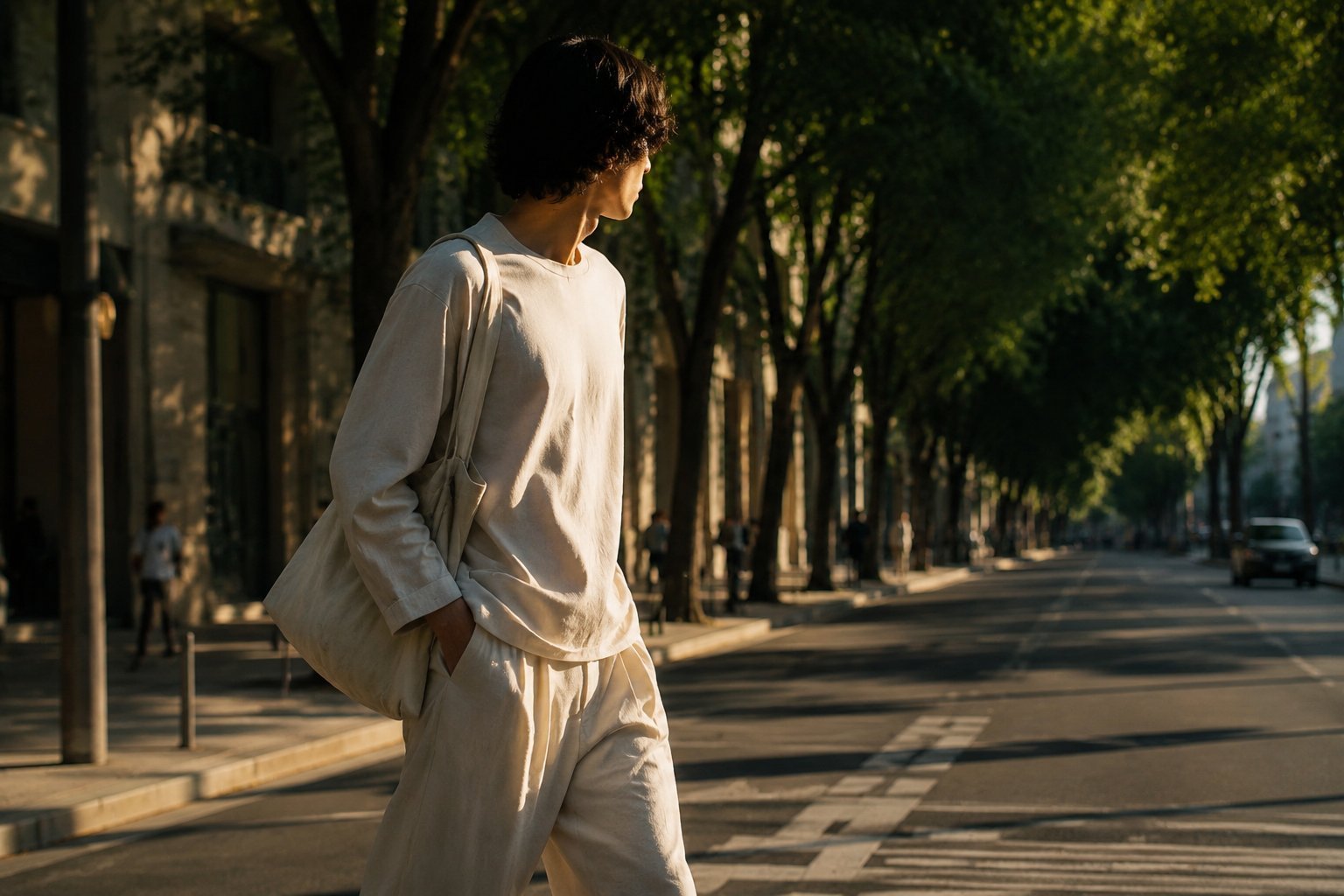 A person carrying a tote along a sunlit, tree-lined city avenue