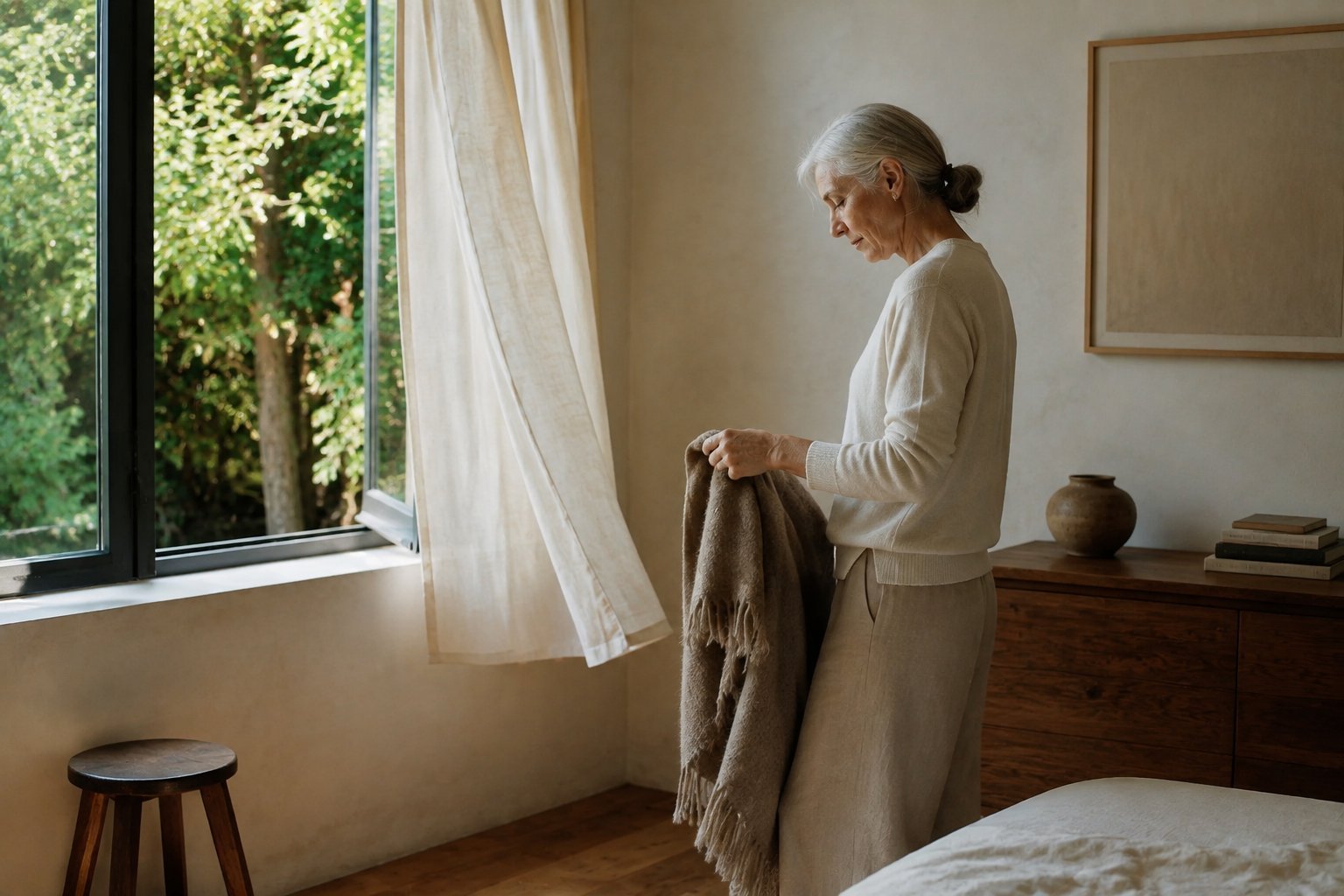 An older person folding a blanket beside an open window at home