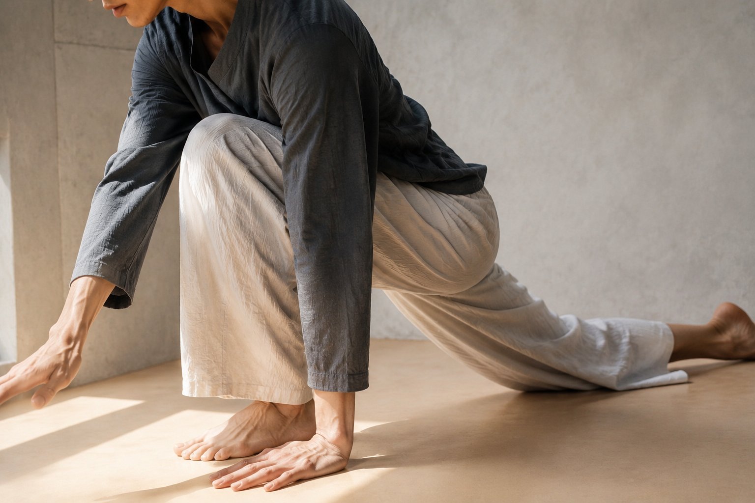An athlete captured in a low fluid stretch, cropped as a sculptural diagonal in soft studio light