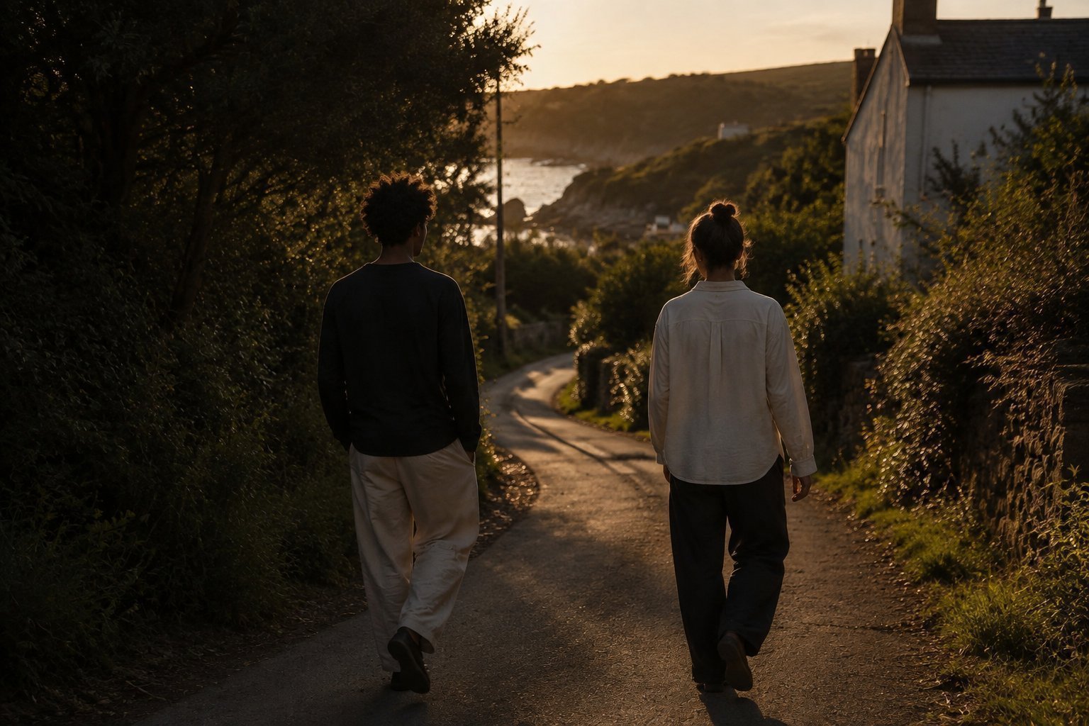 Two friends walking toward a bend in a quiet path at golden hour