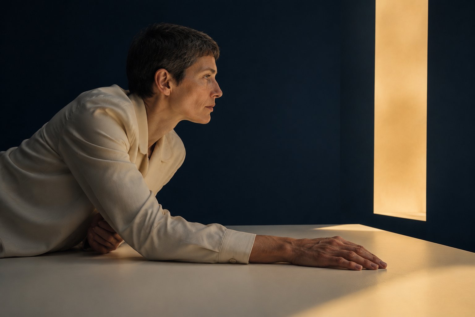 A person leaning across a quiet table, cut by a warm window of light