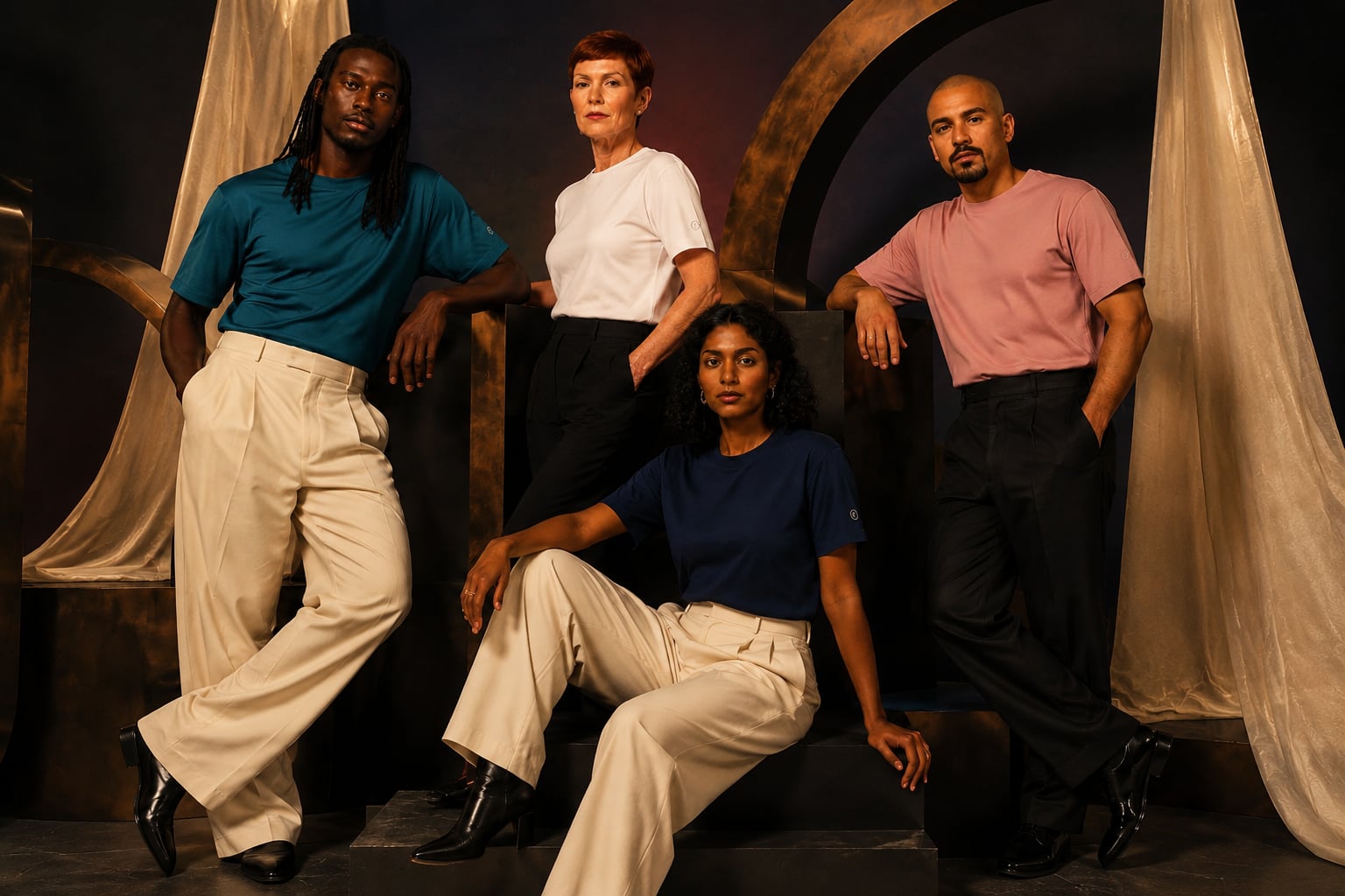 Four distinct models in branded Ocean Teal, Cloud White, Indigo Ink and Blush Pink tees in a warm bronze tableau