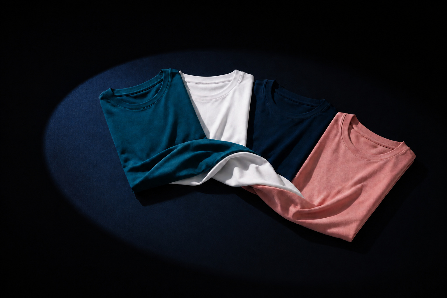 Four folded DreamLuna One Tees arranged in a moon-inspired arc in Ocean Teal, Cloud White, Indigo Ink and Blush Pink