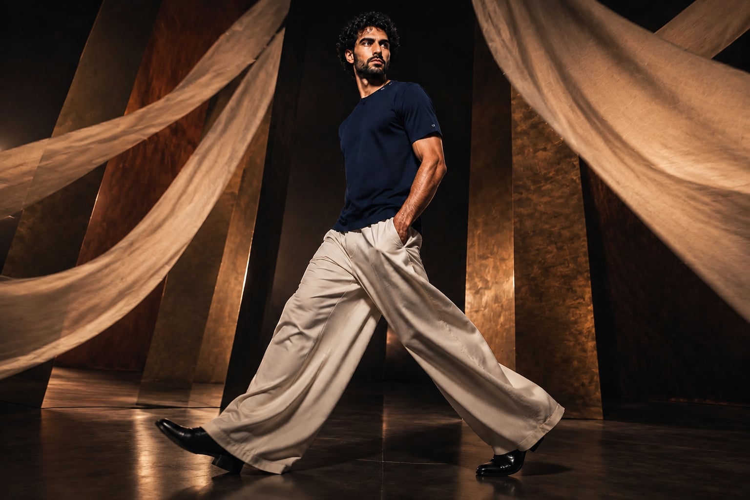 A curly-haired Middle Eastern man in a branded Indigo Ink tee among softly lit linen and bronze panels